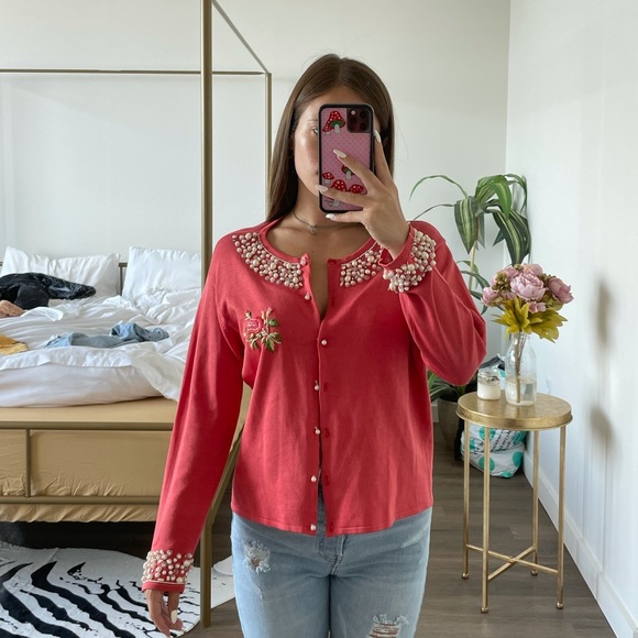 Coral Lance Karesh Cartigan with Pearls ♡ - Picture 1 of 4